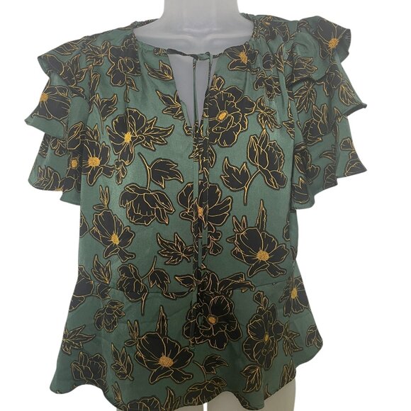 Who What Wear Green Floral Ruffle Sleeve Peplum Blouse - Picture 4 of 6